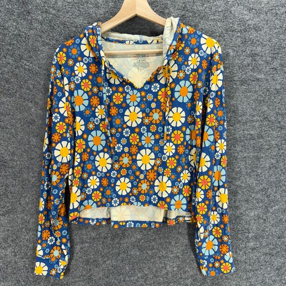 MeUndies Hoodie Women L Large Blue Floral V-Neck Tasseled Hooded Long Sleeve - Picture 1 of 6